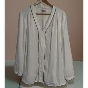 Calvin Klein Women’s V-Neck Zipper Piped Accent Blouse White City Chic Workwear